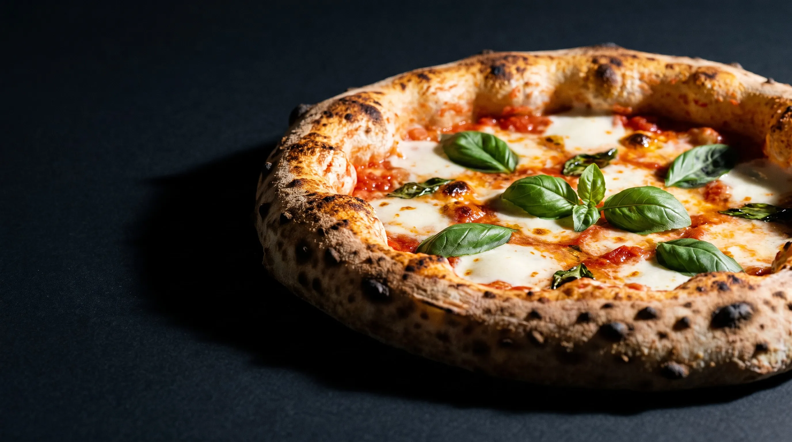 A contemporary Neapolitan pizza with a blistered, leopard-spotted rim.