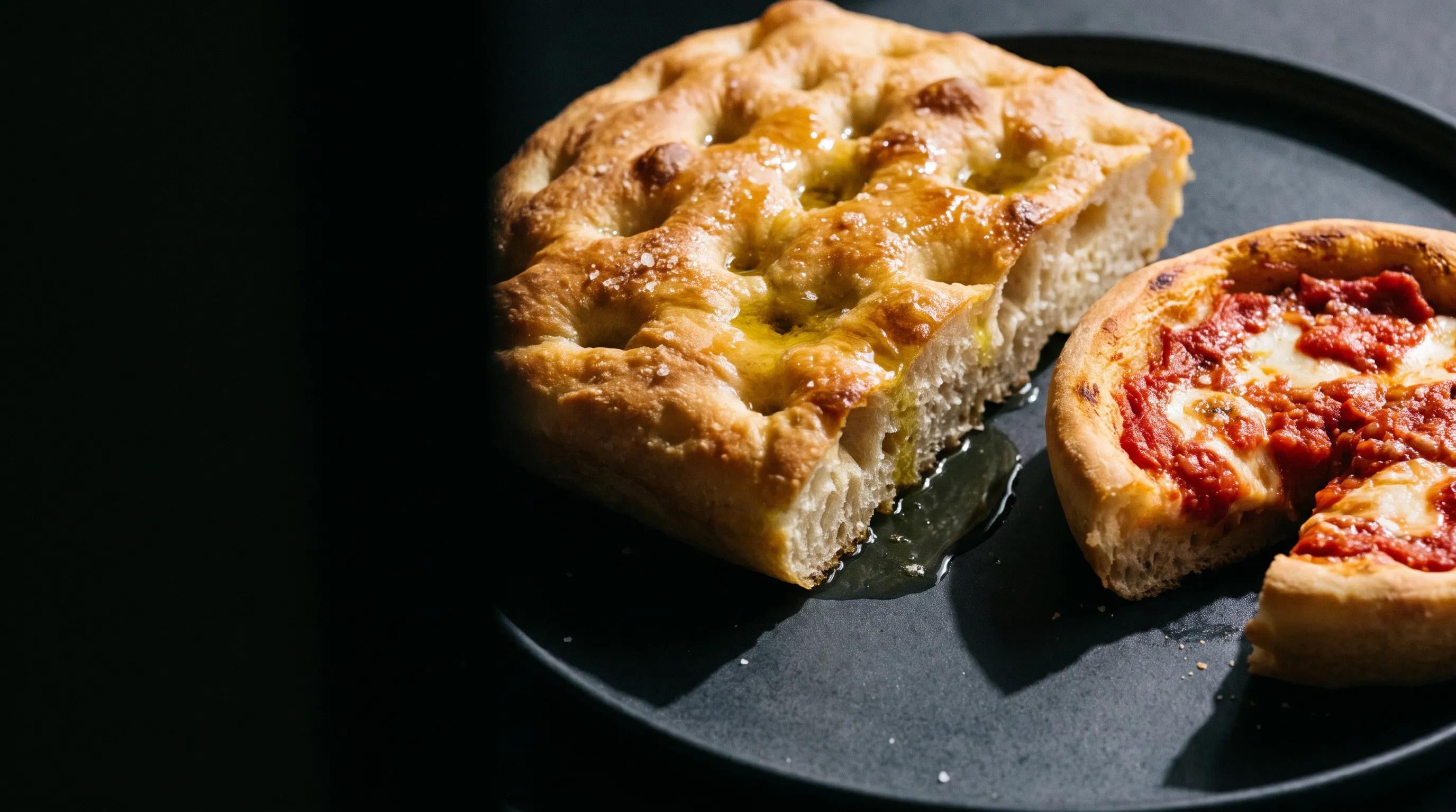 Dimpled focaccia with pooled olive oil beside a small pan pizza.