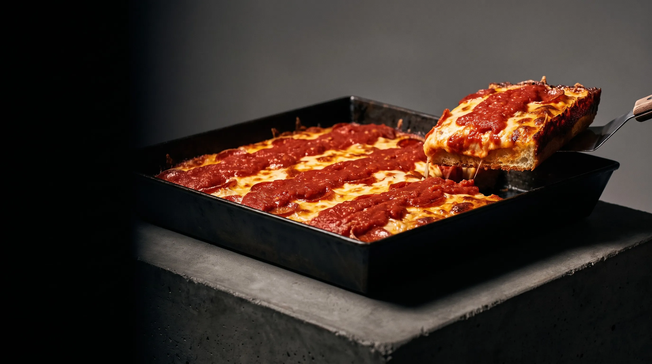 A square Detroit pan pizza with a caramelised cheese crust, one corner lifted.
