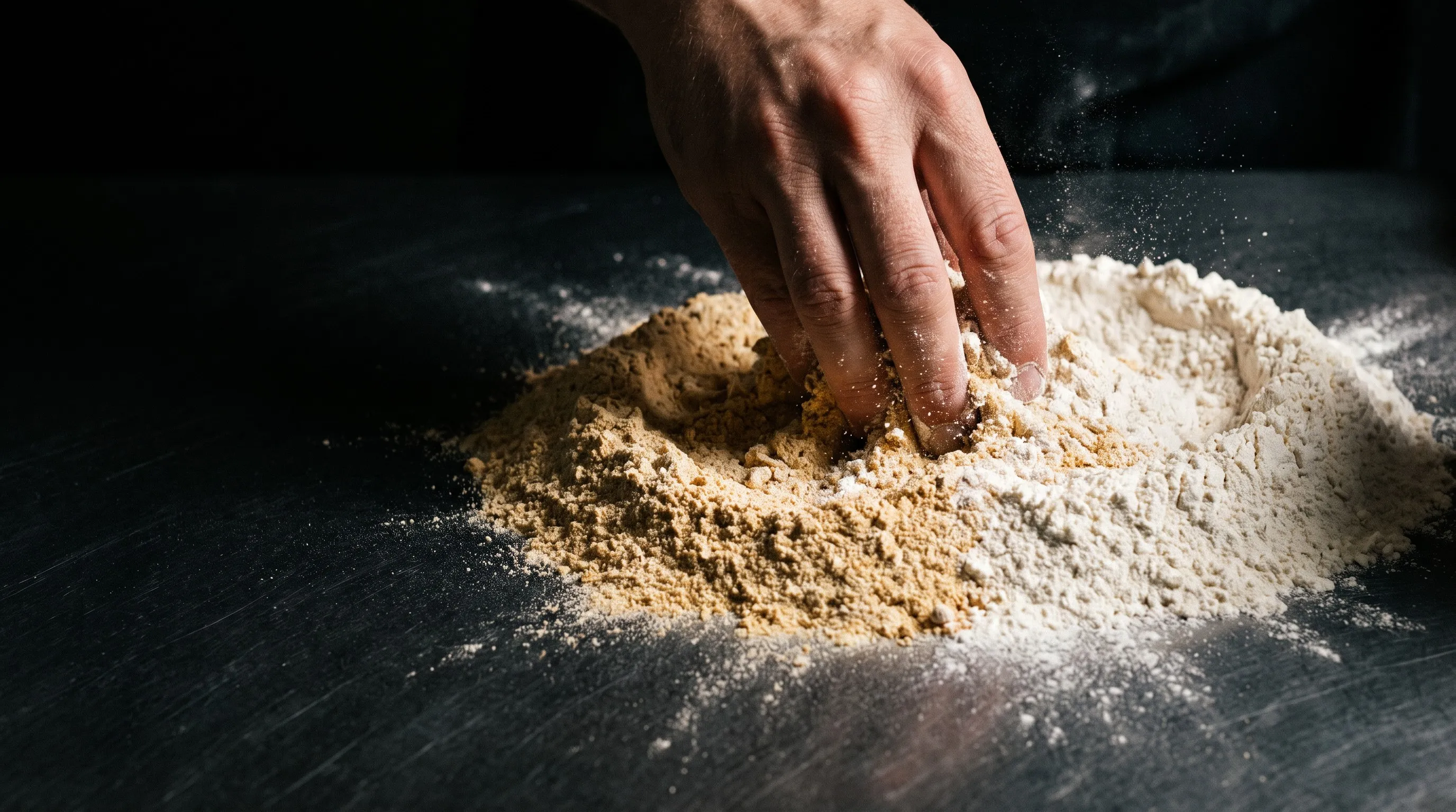 Two mounds of different flour being blended on a dark bench, dust in the air.