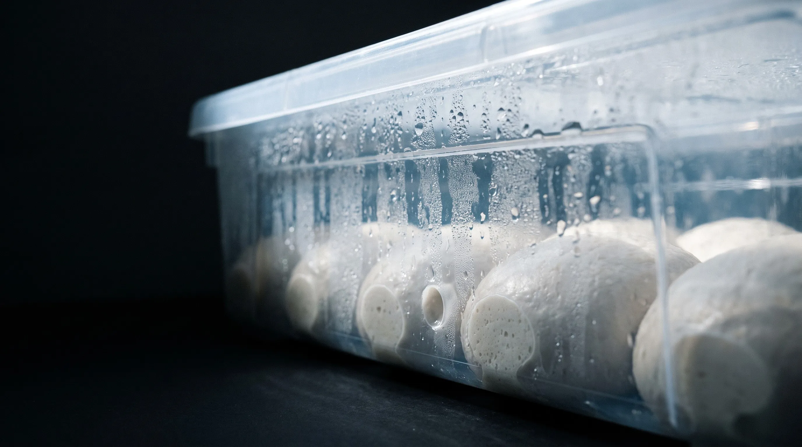 Dough balls resting in a proofing box, fermentation bubbles visible.