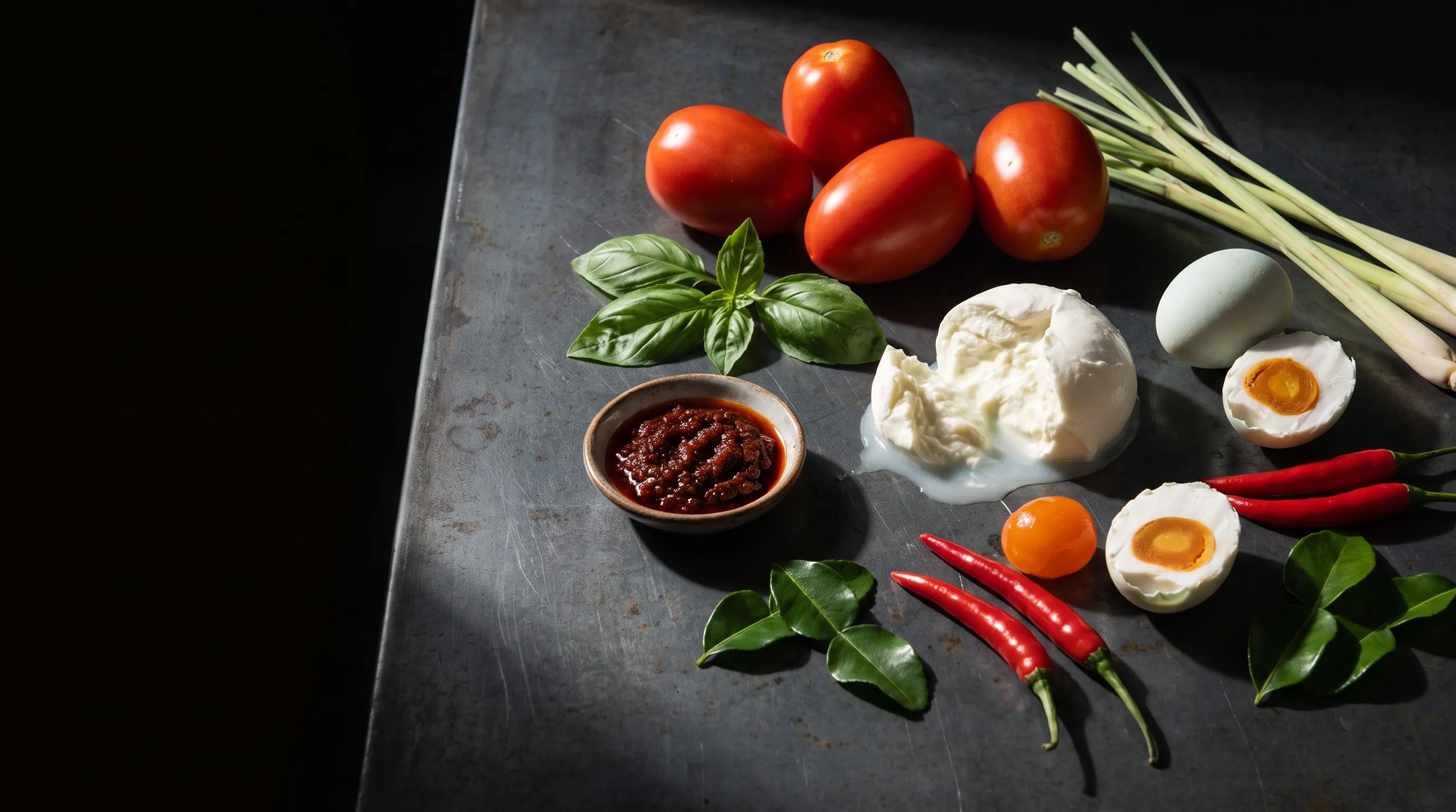 Italian and Singaporean ingredients laid out together on a dark bench.