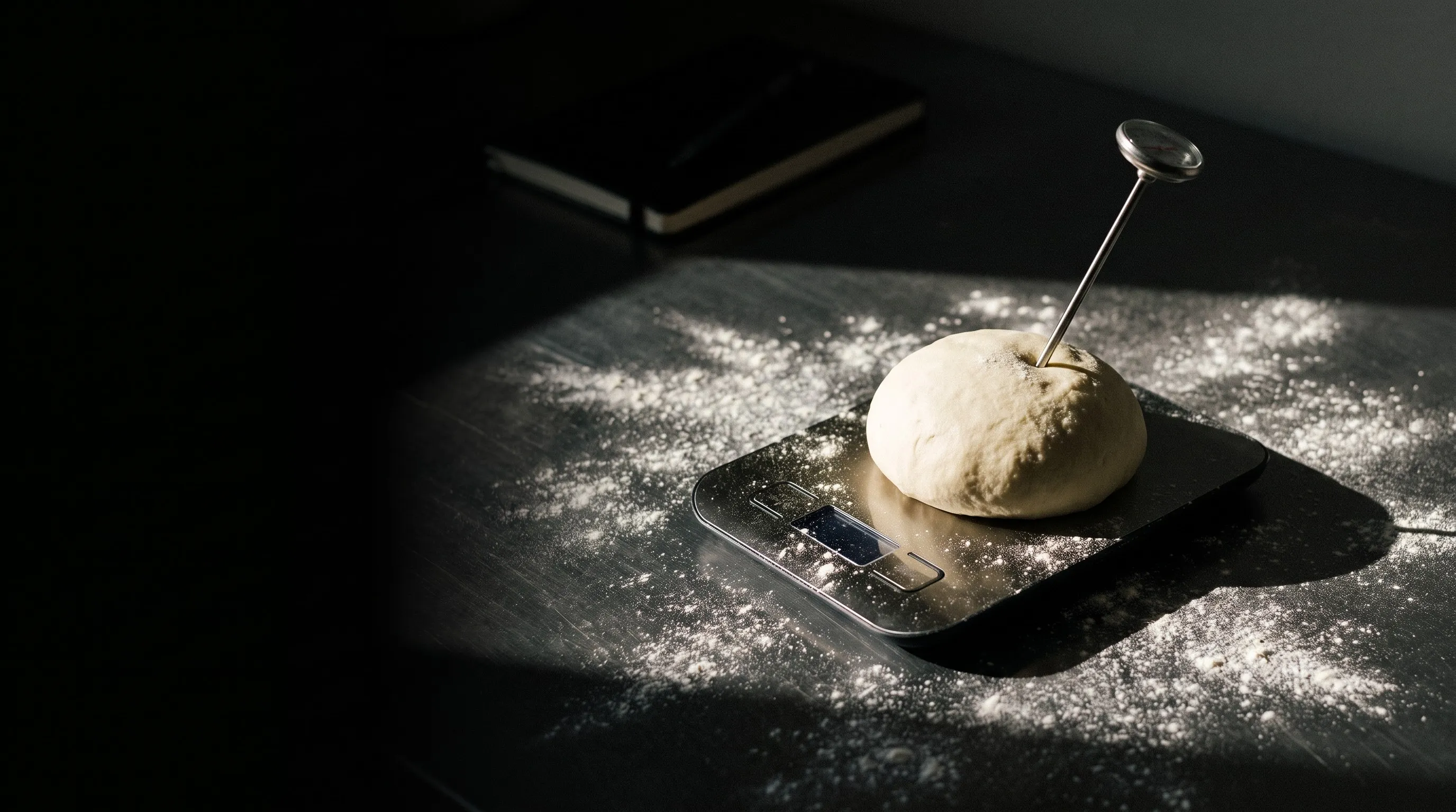 A digital scale and probe thermometer beside a dough ball.