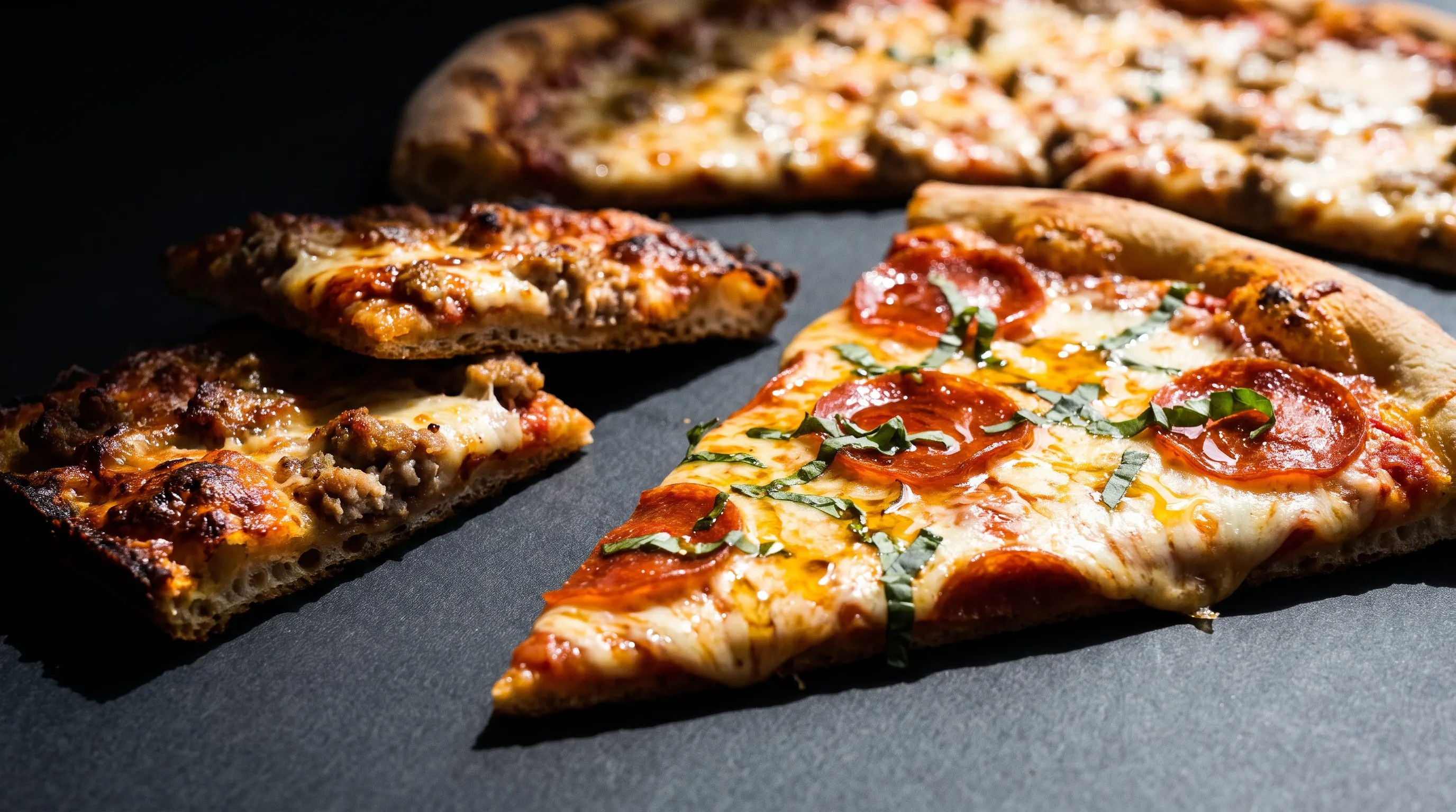 A wide New York pizza with a folded slice beside a cracker-thin tavern pizza cut into squares.